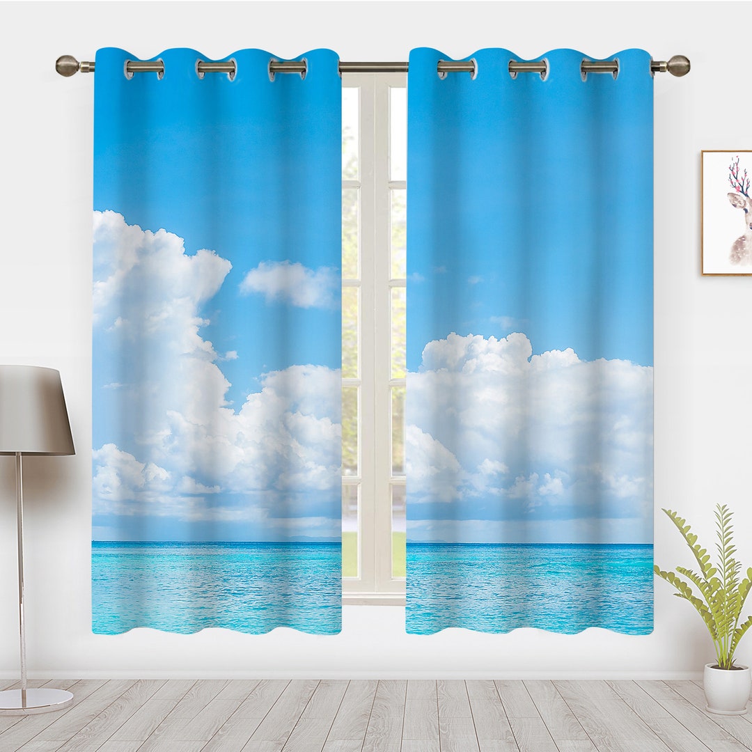 View of Modern Minimalist Art Blue Sky Curtains, Summer Seascape Window ...