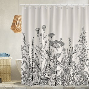 Wildflowers shower curtain Floral Border Herbal shower curtains plant shower curtain waterproof Bathroom Shower Curtains Decor with 12 Hooks
