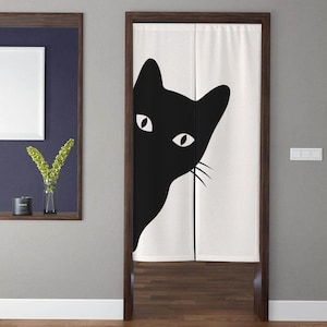 Japanese-style art Noren Door Curtains, Modern Minimalistic black cat pattern Doorway Curtain Window Treatment, Home Kitchen Door Decor