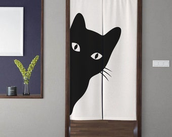 Cortinas de puerta Noren de arte de estilo japonés, tratamiento de ventana de cortina de puerta con patrón de gato negro minimalista moderno, decoración de puerta de cocina del hogar