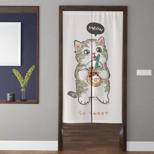 Japanese Kawaii Art Noren beautiful Door Curtain, kitten drinking beverage Doorway Curtain, for Kitchen Partition Bedroom Door Privacy Decor