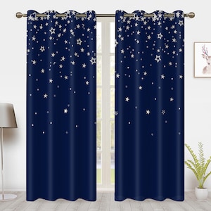 Navy blue Gradient Window Curtains Modern Minimalistic shiny star  Window Treatments, for Blackout Curtain Bedroom living room privacy Decor