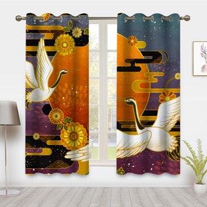 Japanese Fantasy Crane Window Curtain Sun Cloud Crane Traditional Aesthetic drapes Ukiyo Art Window Treatments For Room Bedroom Home Decor