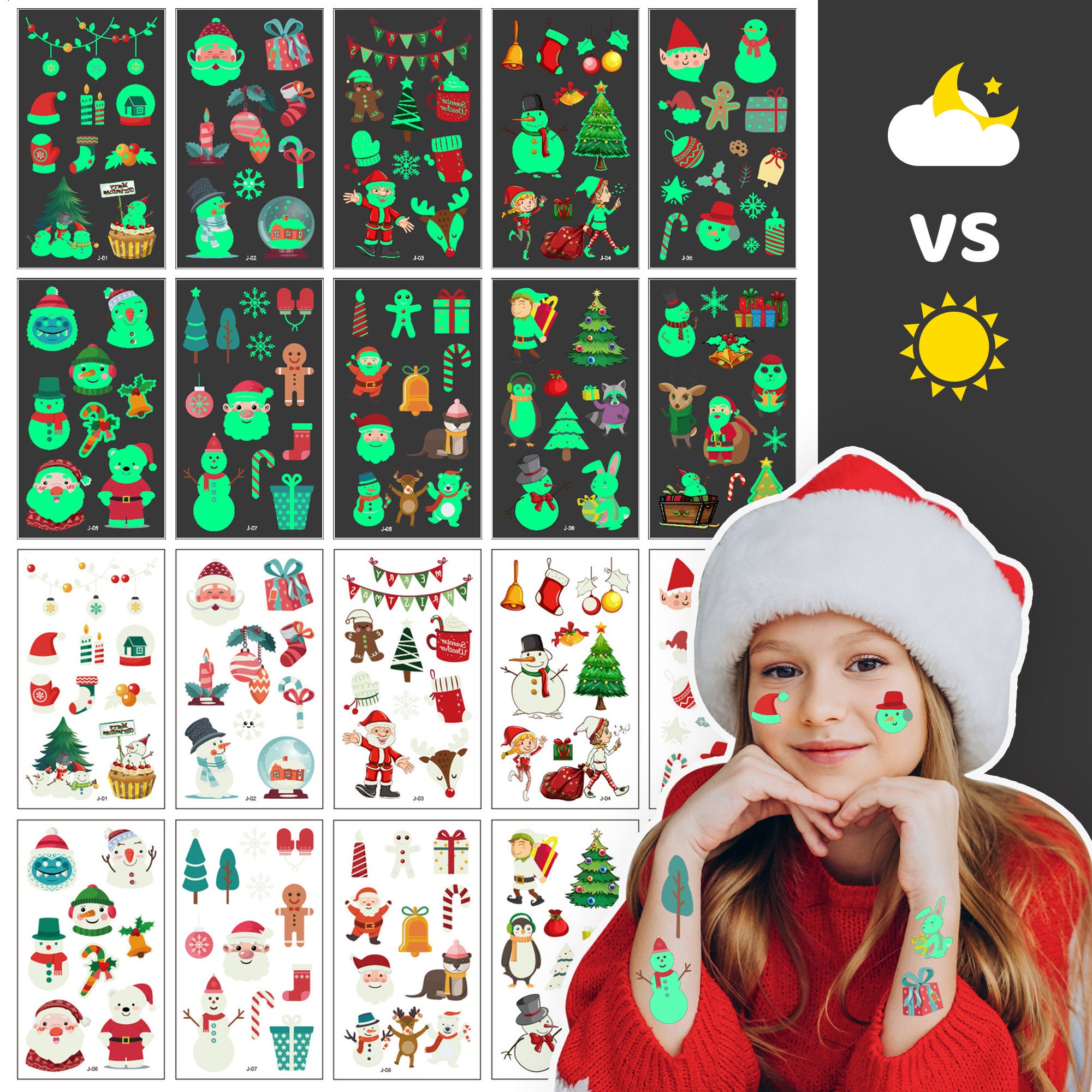  Christmas Temporary Tattoos Stocking Stuffers for Kids Boys  Girls, Glow in the Night Dark Kids Tattoos, Christmas Party Favors Supplies  Decorations, Christmas Fun Dollar Items for Kids (10 sheets) : Toys