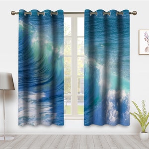 Ocean Wave Blackout Curtains: Blue Sea Landscape Window Panels (Pair)