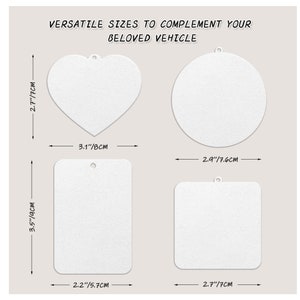 Puede incluir: Cuatro formas de ambientador de coche blanco en blanco: un coraz&oacute;n, un c&iacute;rculo, un rect&aacute;ngulo y un cuadrado. Las formas miden de 7 cm a 9 cm. El texto "VERSATILE SIZES TO COMPLEMENT YOUR BELOVED VEHICLE" est&aacute; en la parte superior de la imagen.