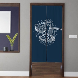 Japanese Art Noren Door Curtains, Modern Minimalist Ramen bowl Pattern Navy Blue Doorway Curtains, For Privacy Restaurant Kitchen Door Decor