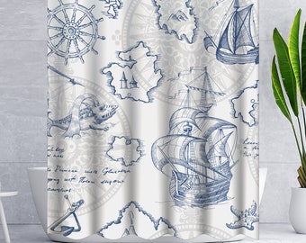 Rustic Nautical Sailboat Navy Blue Map Shower Curtain Lighthouse Sketch  Pirate Ship Wheel Compass Anchor Starfish Bath Curtain With 12 Hooks 