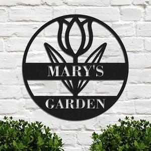 Personalized Gardener Name Metal Sign,Metal Tulip Flower Garden Sign,Custom Garden Signs, Metal Yard Art,Gardening Gifts,Yard Outdoor Decor