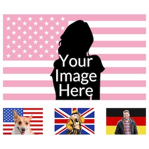 May include: A graphic design featuring a large pink and white American flag with a black silhouette of a person in the centre containing the text Your Image Here. Below are three smaller rectangular images of a dog, a person, and a man.