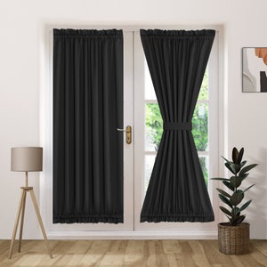 Black French Door Curtains Privacy Thermal Insulation Soundproofing Blackout Doorway Curtains Window Treatments Drapes for Glass Patio Door