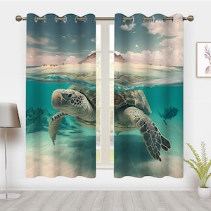 Vintage Underwater World Style Window Curtains,  Sea Turtle pattern Window Treatment Blackout Curtain, For Bedroom living room privacy Decor