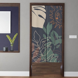 Bohemian Green Leaves Abstract Art Noren Door Curtain Minimalist Aesthetic Plant Door Tapestry Window Treatments for Room Home Indoor Decor