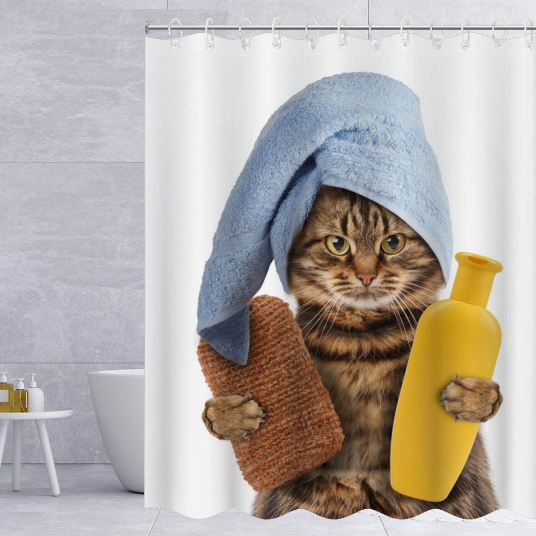 Cute Cat Shower Curtains Funny Bathing Cat Shower Curtain Cute