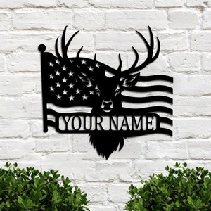 Personalized Deer Head American Flag sign Custom metal Family Last Name sign Metal Wall Art Front Door Decor, Housewarming Gift Wedding Gift