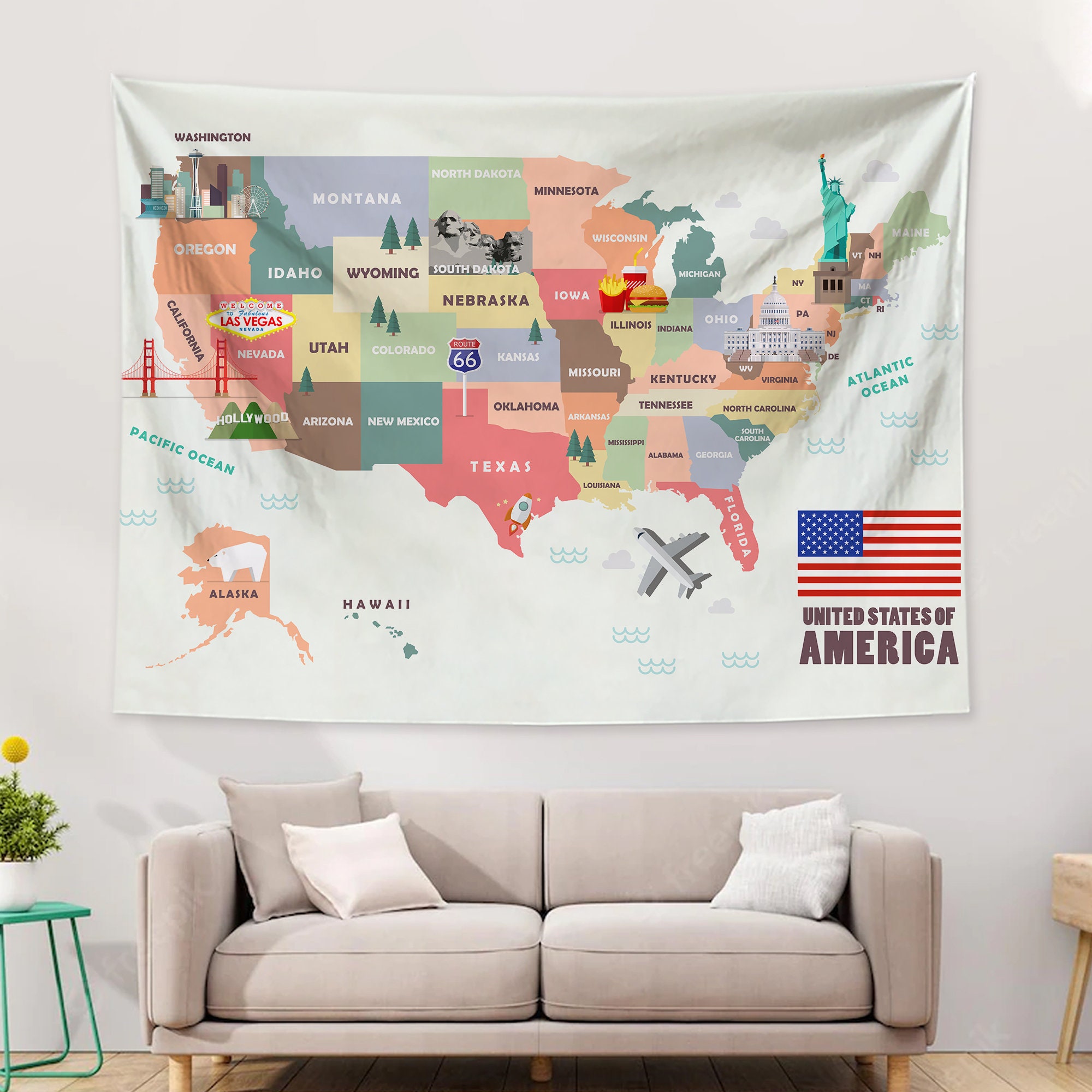 United States Map Cartoon America USA Landmarks Colorful - Etsy