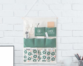 Almacenamiento para colgar en la pared de flores azules, organizador para colgar en la pared de lino de algodón, bolsa de almacenamiento de pared para sala de estar, dormitorio, baño, decoración del hogar