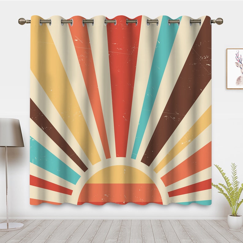 Mid Century Sun Window Curtain Vintage 70s Aesthetics Rainbow Sunrise Sunset Drapes Abstract Art Window Treatments for Room Bedroom Decor Grommet 1P