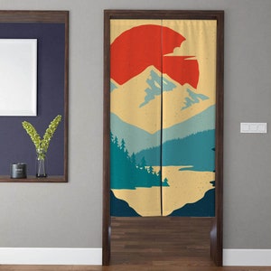 Japanese Art Noren Door Curtain, sunset mountain river landscape Pattern Doorway Curtain ,for Kitchen Partition Bedroom Door Privacy Decor