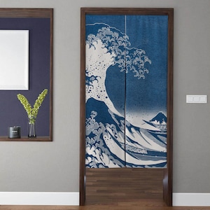 Japanese style Art Noren Door Curtains, Modern Minimalist Kanagawa Waves Doorway Curtain, For Kitchen Partition Bedroom Door Privacy Decor