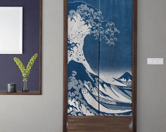 Cortinas de puerta Art Noren de estilo japonés, cortina de puerta minimalista moderna con ondas de Kanagawa, para decoración de privacidad de la puerta del dormitorio de la partición de la cocina