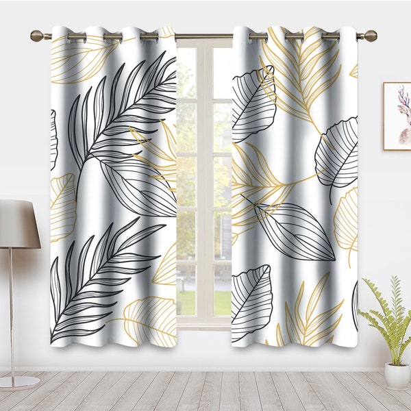 Modern Abstract Green Leaf Line Window Curtain Aesthetic Foliage Line Drapes Plant Leaves Neutral Rustic Window Treatments for Bedroom Decor