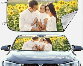 Parasol para parabrisas de coche con foto personalizada, imagen personalizada/bloque de texto, rayos UV, protector de visera solar, sombrilla sin daños, regalo familiar para papá