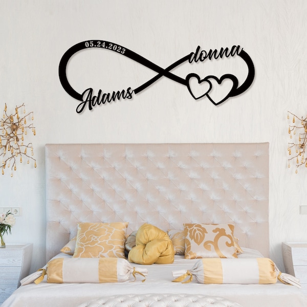 Benutzerdefinierte Namen Infinity Symbol Metall Schild mit Herz, personalisierte Vornamen Datum Metall Hochzeit Dekor, Metall Gedenk Zeichen Paar Liebe Geschenk