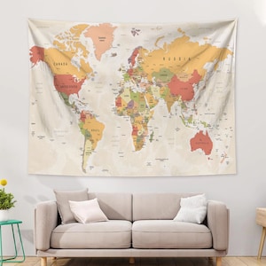 Weltkarte Wandbehang Bunte Wand Kunst Karte Moderne Große Detaillierte Städte & Staaten Namen Karte Wandteppiche für Schlafzimmer Wohnzimmer Wohnheim Dekor