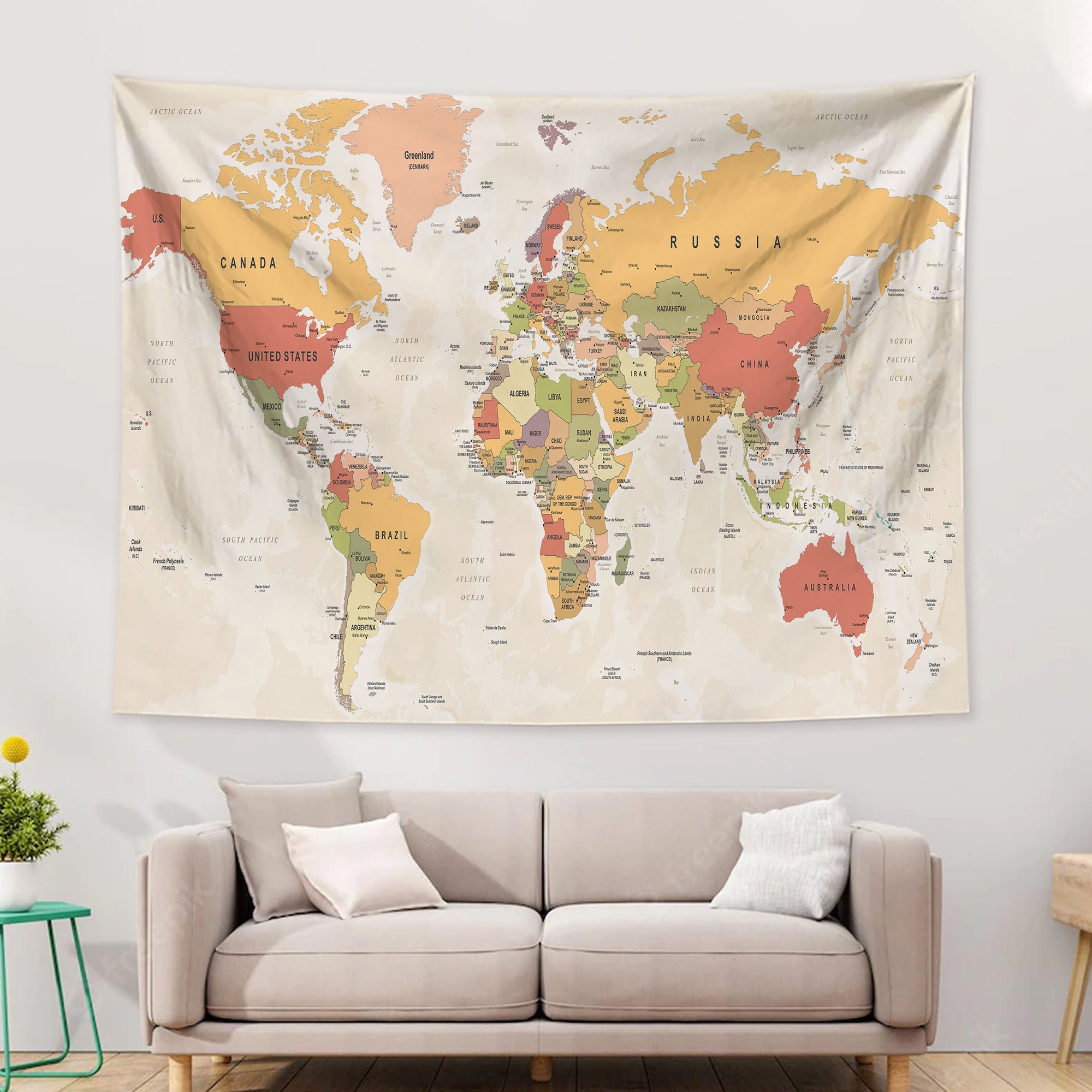 Colorful World Map Decor Painting Tapestry Wall Hanging Living Room Bedroom Dorm 