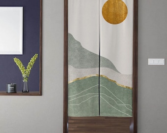 Cortinas de puerta de estilo japonés Art Noren, cortina de puerta con patrón de paisaje de sol bohemio, para decoración de privacidad de puerta de dormitorio de partición de cocina