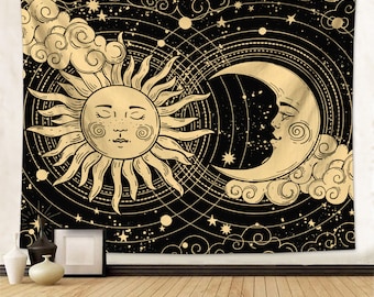 Tapisserie de soleil et de lune Tapisserie psychédélique noire Accrochage mural Soleil brûlant avec lune Tapisserie mystique Maison Chambre à coucher Cadeau de décoration pour maman