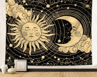 Sun and Moon tapestry Black Psychedelic Tapestry Wall Hanging Burning Sun with Moon Mystic Tapestry Home Bedroom Decor Gift for Mom