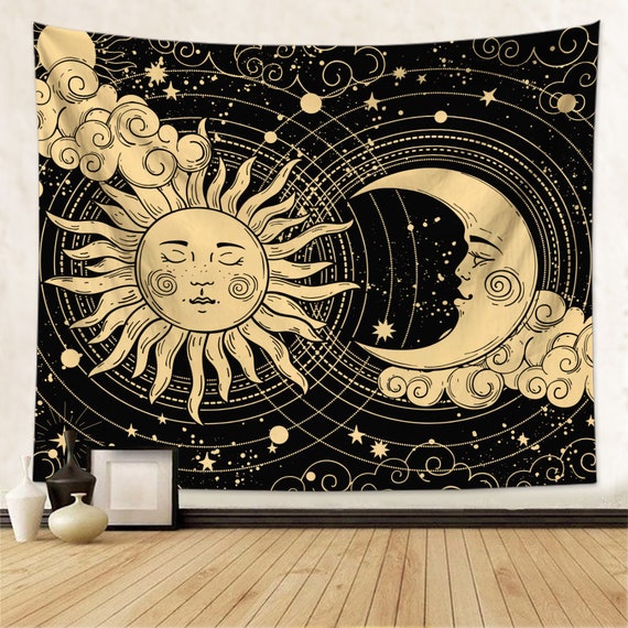 Sun and Moon tapestry Black Psychedelic Tapestry Wall Hanging Burning Sun with Moon Mystic Tapestry Home Bedroom Decor Gift for Mom