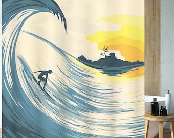 May include: A blue and yellow shower curtain with a silhouette of a surfer riding a wave. The background features a sunset with palm trees on an island.