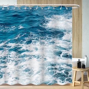 The Waves art Shower Curtains, Blue Sea Water shower Bathroom Curtains Minimalist Bath Decor, Waterproof Plastic Curtain With 12 Hook