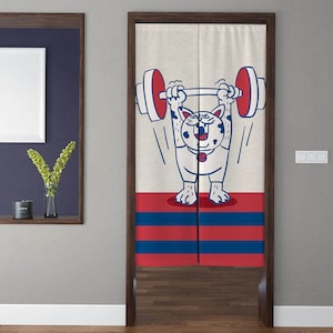 Japanese Art Noren Door Curtain, Modern minimalism kitten weightlifting Doorway Curtain, For Kitchen Partition Bedroom Door Privacy Decor