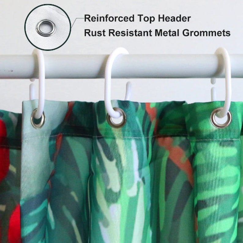 May include: A green and red tropical leaf patterned shower curtain with reinforced top header and rust resistant metal grommets.