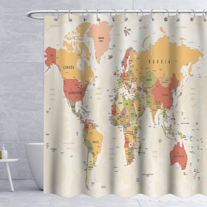 Cortina de ducha con mapa del mundo, cortina de baño con mapa de viaje colorido, moderna, grande, detallada, ciudades y nombres de estados, mapa, cortina de ducha con 12 ganchos