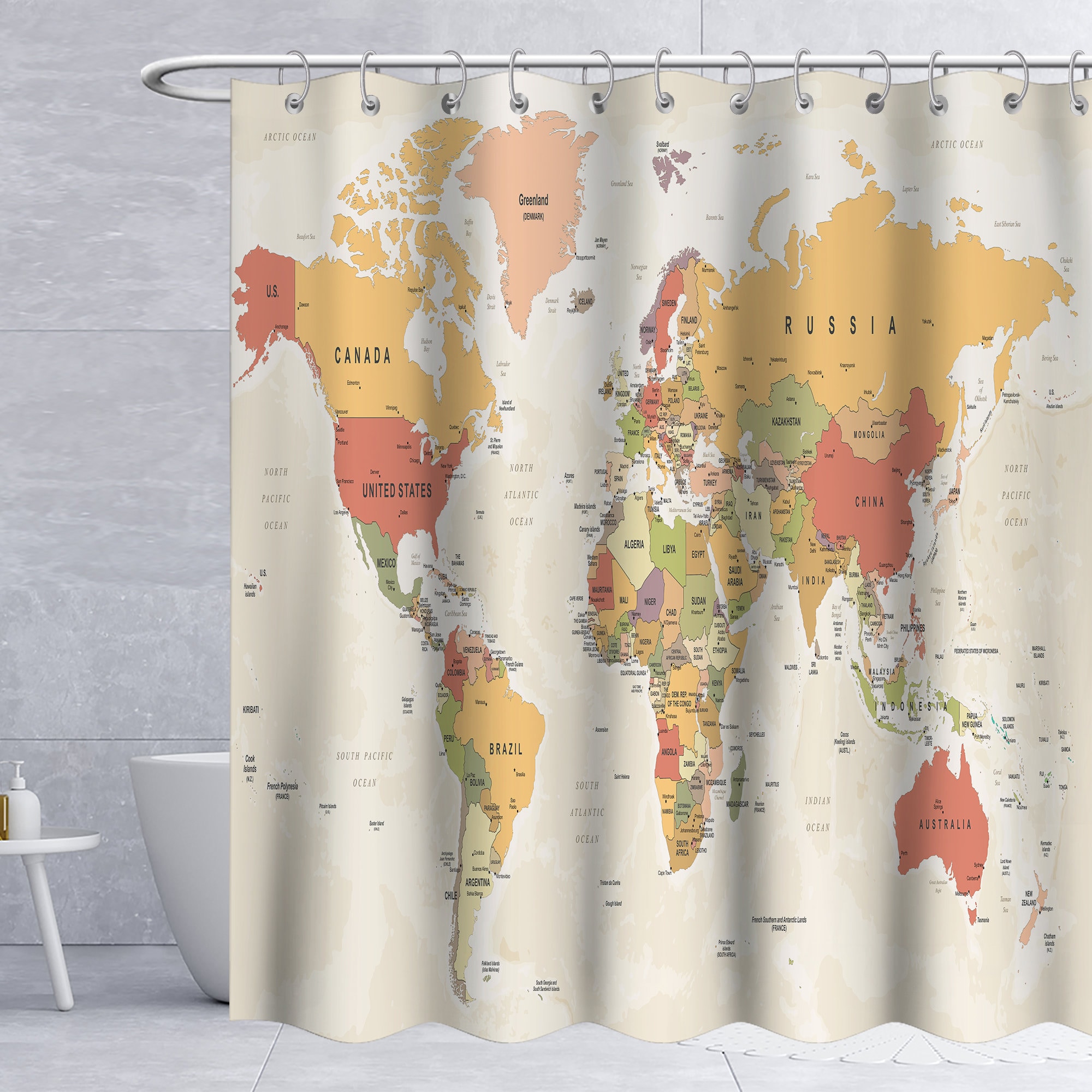 World Map Shower Curtain Colorful Travel Map Bathroom Curtain Modern ...