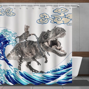 Cat riding dinosaur funny shower curtains modern The waves bathroom curtain Minimalist Bath Decor Waterproof plastic curtain with 12 hooks
