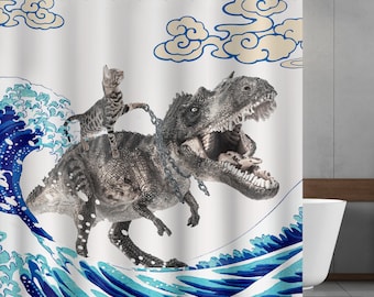 Cat riding dinosaur funny shower curtains modern The waves bathroom curtain Minimalist Bath Decor Waterproof plastic curtain with 12 hooks