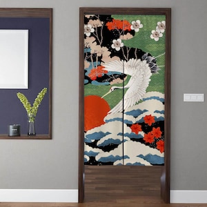Japanese-style Art Noren Door Curtains, Vintage sakura white crane Pattern Doorway Curtain, For Kitchen Partition Bedroom Door Privacy Decor