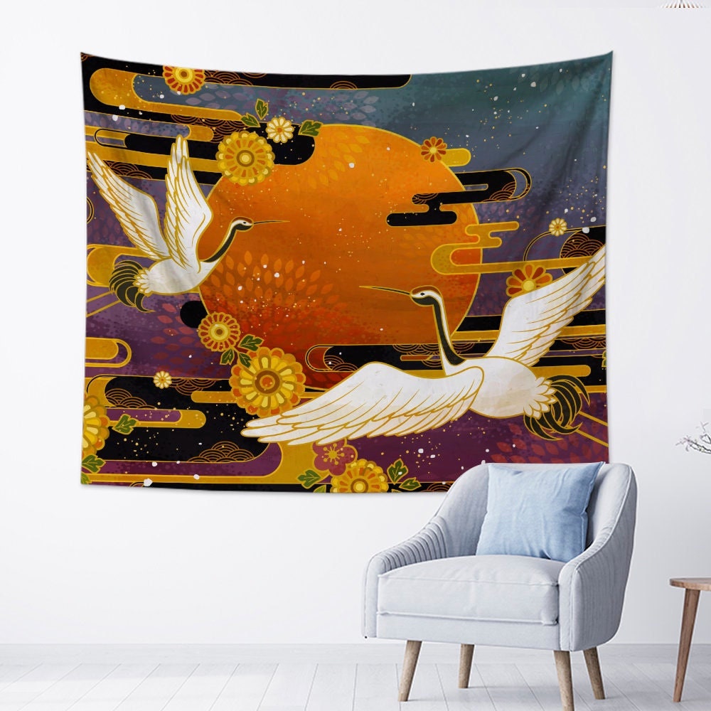 tapisserie de grue tapisserie japonaise tapisserie coucher soleil fleurs nuage art moderne mur accrochage décor pour salon cadeau