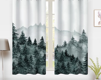 Bohemian Forest Style Window Curtain Vintage woodland landscape painting Window Treatment Blackout Curtain Bedroom living room privacy Decor