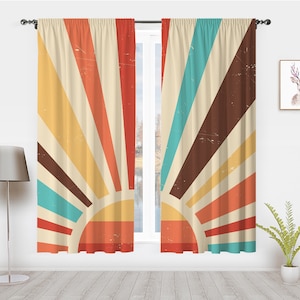 Mid Century Sun Window Curtain Vintage 70s Aesthetics Rainbow Sunrise Sunset Drapes Abstract Art Window Treatments for Room Bedroom Decor Rod Pocket 1Pair