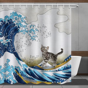 Japanese Kanagawa waves shower curtains kitten surfing funny bathroom curtain Minimalist Bath Decor Waterproof plastic curtain with 12 hooks