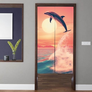Japanese Style Art Noren Door Curtains, Modern minimalist Sunset Dolphin Doorway Curtain, for Kitchen Partition Bedroom Door Privacy Decor