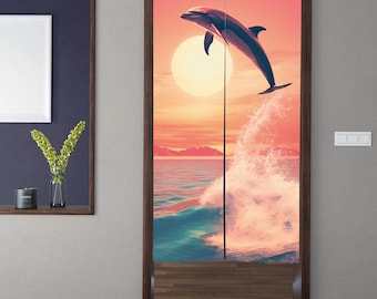 Japanese Style Art Noren Door Curtains, Modern minimalist Sunset Dolphin Doorway Curtain, for Kitchen Partition Bedroom Door Privacy Decor