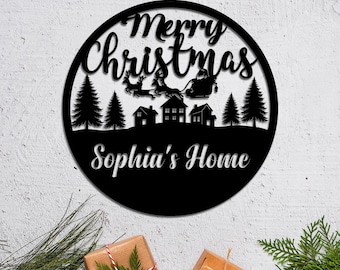 Custom Christmas metal sign Personalized Merry Christmas Elk Santa Claus sign Metal Wall Art living room Decor Housewarming Gift, Xmas Gifts